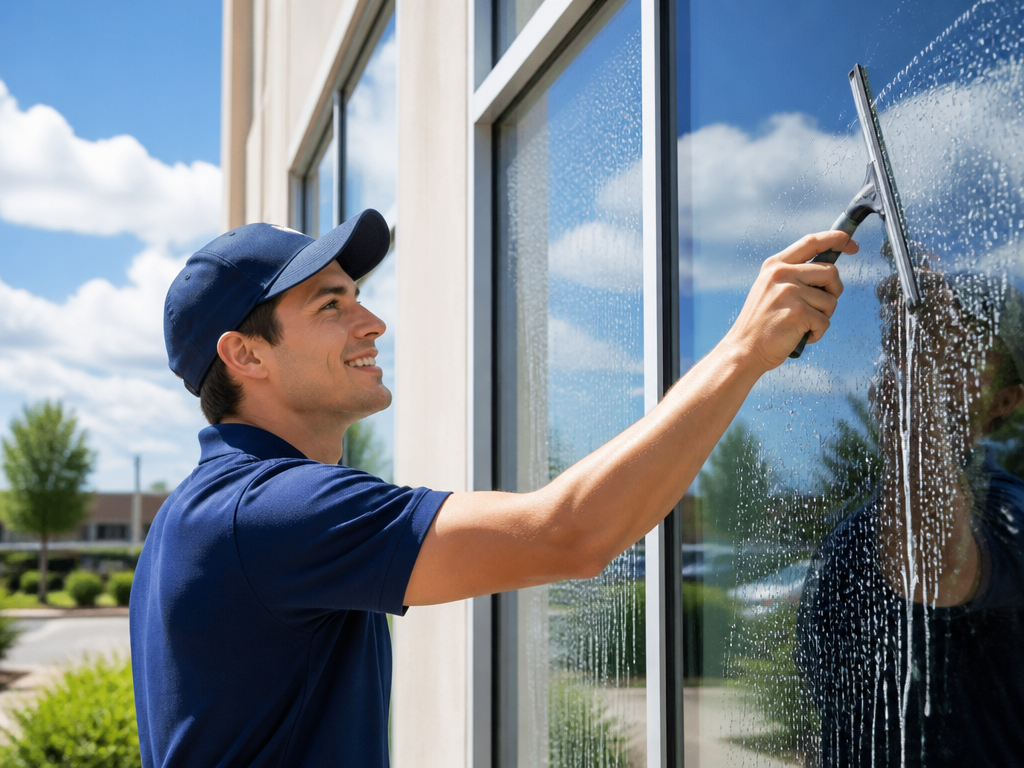 Friendly young window cleaner in a navy shirt squeegeeing a storefront window on a sunny day